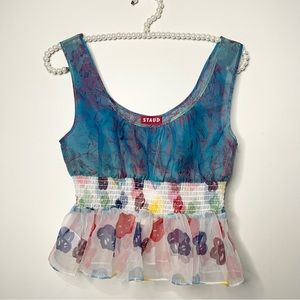 STAUD Blue and White Bustier Peplum Tank Top